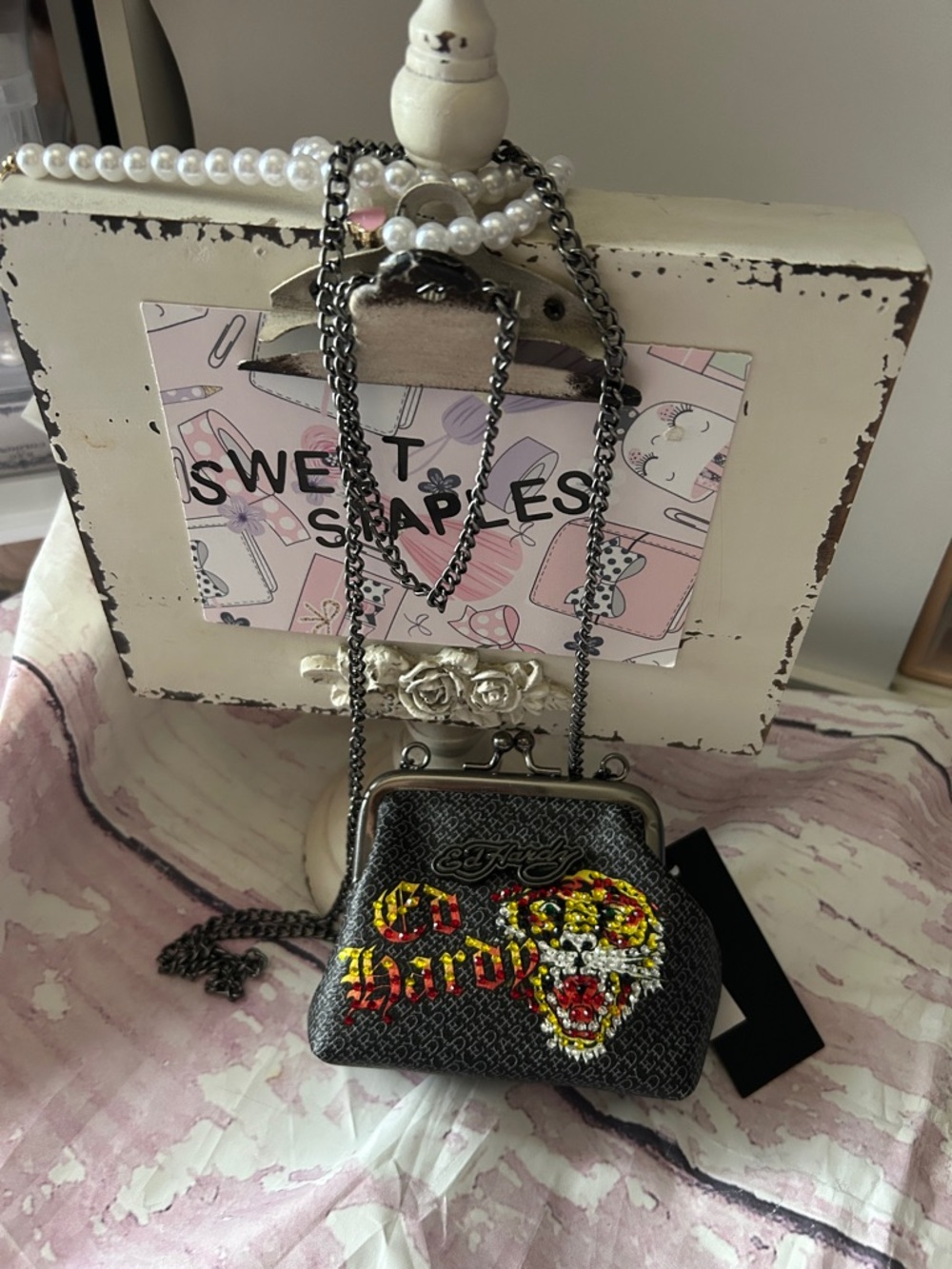 Ed Hardy Black Mini Crossbody Bag with Red & Yellow Embellished Skull